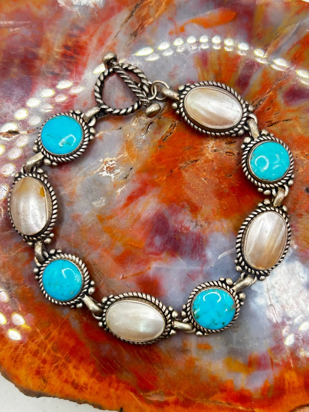 Sterling Silver Turquoise and Shell Bracelet - 7.5 inches